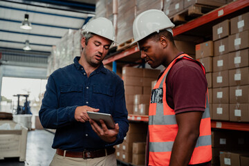 Wall Mural - Caucasian supervisor explaining tips for improvement to ethnic worker in factory shop.