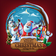 Christmas Sign In Santa Claus Village With Characters