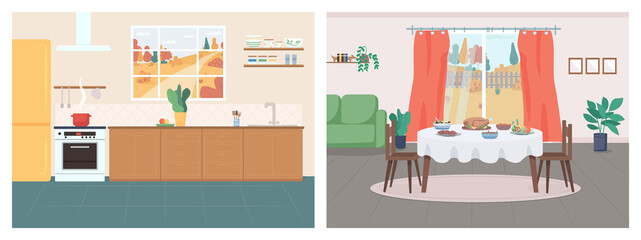 Wall Mural - Cozy home flat color vector illustration set. Kitchen in household. Thanksgiving serving on table in living room. House 2D cartoon interior with autumn in window on background collection