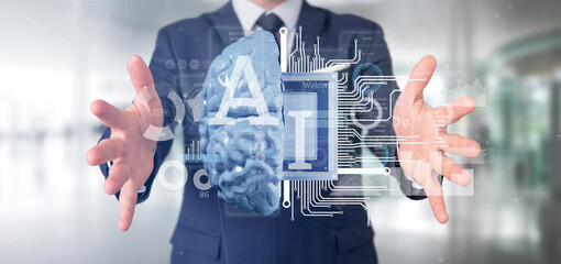 Wall Mural - business man holding artificial intelligence icon with half brain and half circuit 3d rendering