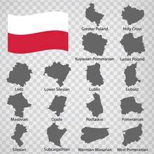Sixteen Maps Regions Of Poland - Alphabetical Order With Name. Every Single Map Of Province Are Listed And Isolated With Wordings And Titles. Republic Of Poland. EPS 10.