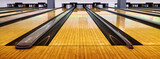 Bowling wooden floor with lane, Generic Bowling Alley lanes with bowling ball going towards the pins.