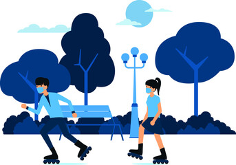 Wall Mural - Masked man and woman are playing roller skare together at the park illustration