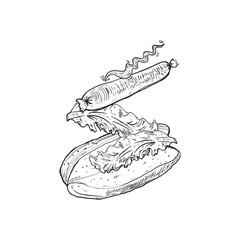 Sticker - Tossed hotdog black and white sketch vector illustration