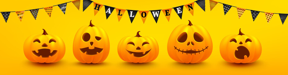 Wall Mural - Happy Halloween poster and banner template with cute halloween pumpkin and buntings on yellow background. Website spooky,Background or banner Halloween template.Vector illustration EPS10