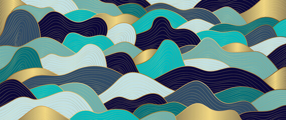 luxury gold line art wallpaper. wave wall art background design for home decor, wallpaper, print, co