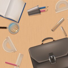 Wall Mural - Flatlay of briefcase and stationeries.