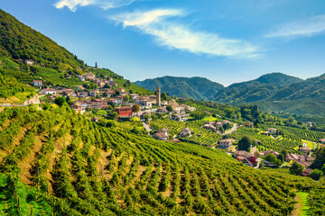 Wall Mural - Prosecco Hills, vineyards and Santo Stefano village. Unesco Site. Valdobbiadene, Veneto, Italy