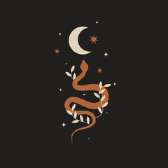 Poster - Mystical composition with a wriggling snake, crescent moon, stars on a dark background. Boho style and esotericism. Magic illustration for spiritual practices of ethnic magic and rituals.