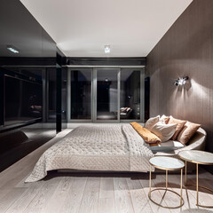 Elegant bedroom at night with lights on