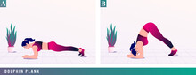 Dolphin Plank Exercise, Women Workout Fitness, Aerobic And Exercises. Vector Illustration.	