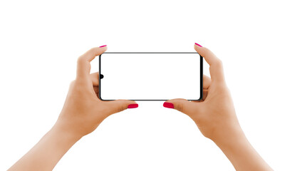 Leinwandbilder - Phone mockup in woman hands isolated. Horizontal, front position
