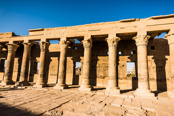 Temple of Isis on Agilkia island, moved from Philae island, Aswan, Egypt. Ancient, historic