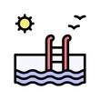 © Aranagraphics - summer holiday related swimming pool and birds, sun, stairs with water waves vector with editable stroke,