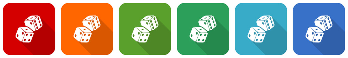 Leinwandbilder - Dice, casino icon set, flat design vector illustration in 6 colors options for webdesign and mobile applications