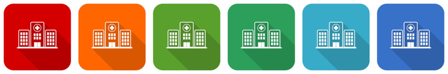 Leinwandbilder - Hospital building icon set, flat design vector illustration in 6 colors options for webdesign and mobile applications