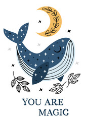 Wall Mural - poster with celestial whale and moon - vector illustration, eps