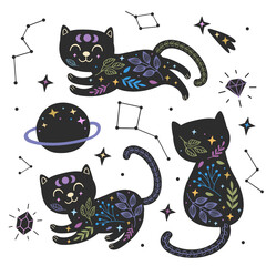 Wall Mural - set of black magical cats part 1 - vector illustration, eps