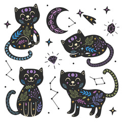 Wall Mural - set of black magical cats part 2 - vector illustration, eps