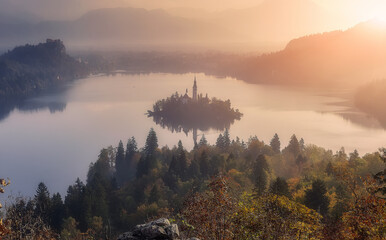  Fantastic Misty morning at the Bled lake. Slovenia