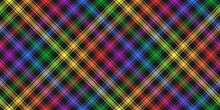 Rainbow Lgbt Flag Colors On Black Diagonal Tartan Style Fabric Texture Repeatable Pattern From Plaid, Tablecloths, Shirts, Clothes, Dresses, Bedding, Blankets Editable Vector Illustration
