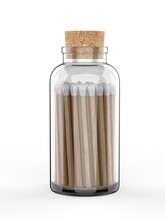 Blank Wooden Safety Matches Stick In Glass Bottle For Branding And Mock Up. 3d Render Illustration.