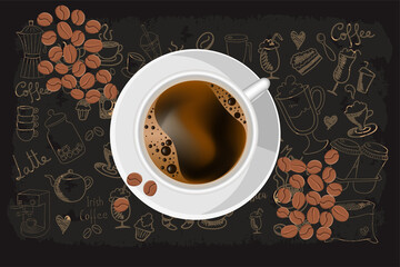 Coffee chalk illustrated concept on black background - white coffee cup, top view with chalk doodle illustration about coffee, beans, morning, espresso in cafe, breakfast. Morning coffee