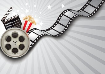 Wall Mural - Film strip with clapperboard and popcorn