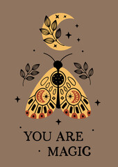 Wall Mural - magic poster with bohemian moth and moon