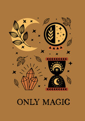 Wall Mural - mystical poster with moon,crystals,magic ball,hourglass