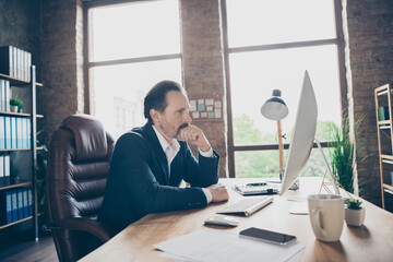 Sticker - Profile side view portrait of his he handsome sullen man finance expert agent broker economist researching data analysis industry rate at modern loft brick industrial work place station indoors