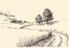 A Path To A Farm Landscape Hand Drawing