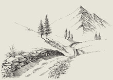 A Narrow Footpath In The Mountains, Alpine Relaxing Landscape Hand Drawing