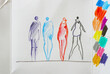 Vier unterschiedlich bunte, abstrakte Menschen als Linie gezeichnet, Haltung annehmen, eine Meinung vertreten
