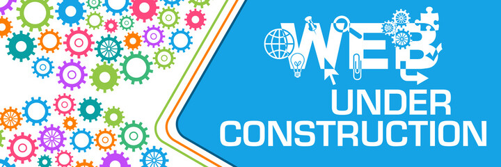Wall Mural - Web Under Construction Blue Rounded Squares Colorful Gears Circulars Left 