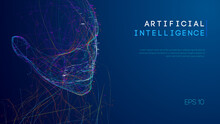 Ai Digital Brain. Artificial Intelligence Concept. Human Head In Robot Digital Computer Interpretation. Wireframe Head Concept.