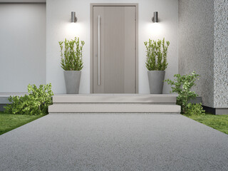 Wall Mural - New house with wooden door entrance and empty concrete walkway. 3d rendering of green grass lawn in modern home.
