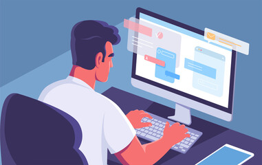 A young programmer working on his computer vector  illustration 