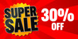 Super Sale poster, banner on red background. 30% off. Vector illustration.