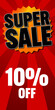 Super Sale poster, banner on red background. 10% off. Vector illustration.
