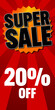 Super Sale poster, banner on red background. 20% off. Vector illustration.