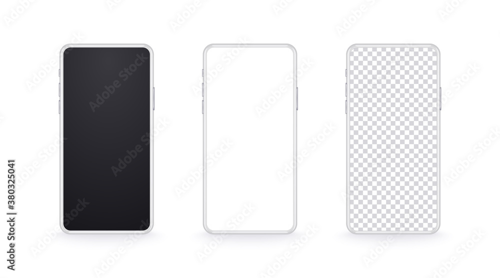 Realistic white mobile phone mockup. Device set with modern thin frame and black, light and transparent screen. 3d Smartphone mockup for show your app design. Front view of cellular display. - obrazy, fototapety, plakaty 