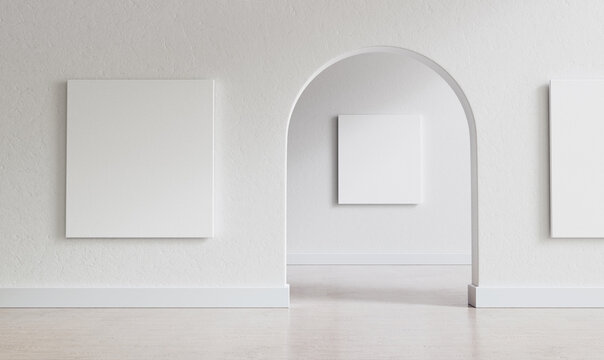 big, empty interior with large mock-up canvases and circular arc entrance to another space. minimali