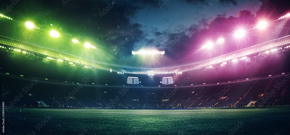 Full stadium and neoned colorful flashlights background. Flyer with ...