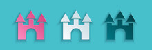 Paper Cut Castle Icon Isolated On Blue Background. Paper Art Style. Vector.