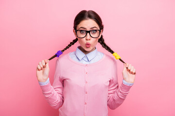 Sticker - Close-up portrait of her she nice attractive pretty lovely positive funny amazed brown-haired teen girl having fun touching tails pout lips isolated pink pastel color background