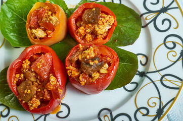 Poster - Mushroom, minced meat, tomato stuffed baked peppers