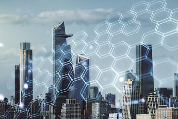 Wall Mural - Abstract virtual wireless technology hologram with hexagon on New York city skyline background. Big data and database concept. Multiexposure