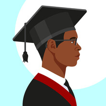African American College Student, University Graduate In Graduation Cap And Celebration Gown Profile Avatar. Vector Illustration.