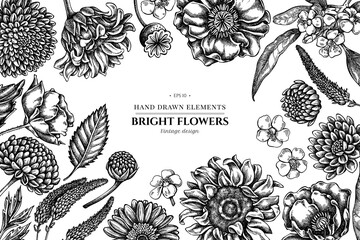 floral design with black and white poppy flower, gerbera, sunflower, milkweed, dahlia, veronica